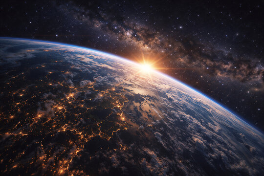 Wsch&oacute;d słońca nad Ziemią widzianą z kosmosu &ndash; planeta, światło i nieskończony wszechświat