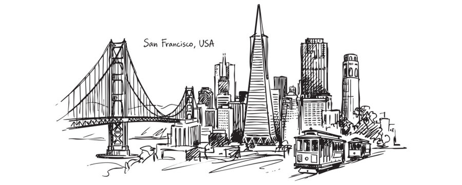 San Francisco, USA Skyline Line Art with Golden Gate Bridge and Cable Car