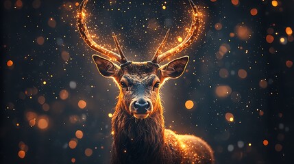 Majestic deer with illuminated antlers and glowing golden particles against a dark bokeh filled background