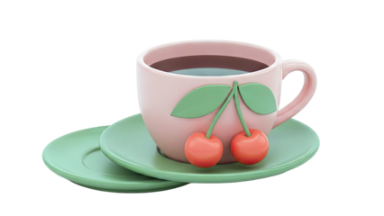 Pink Cup with Cherries and Leaves on a Green Saucer