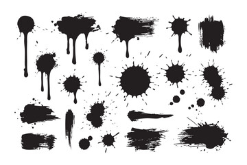 Collection of Black Ink Splatters, Drips, Blobs, and Paint Stains on White Background