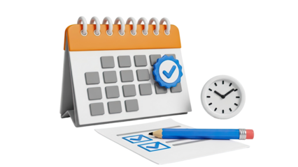 Calendar with checkmark, clock, and checklist