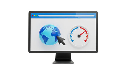 Computer screen showing globe, cursor, and speed gauge