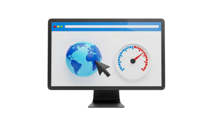 Computer screen showing globe, cursor, and speed gauge