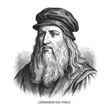Vintage Engraving Portrait of Leonardo da Vinci, Renaissance Polymath, Artist, and Inventor