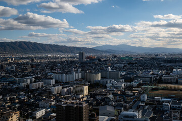 大阪、橋、城市、山、道路、風光、交通、青空、雲