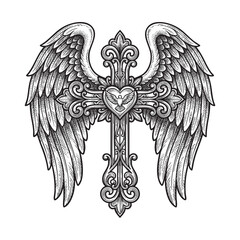 Obraz premium Ornate Christian Cross with Angel Wings, Sacred Heart, and Dove in Detailed Engraving Tattoo Style