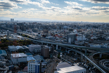 大阪、橋、城市、山、道路、風光、交通、青空、雲
