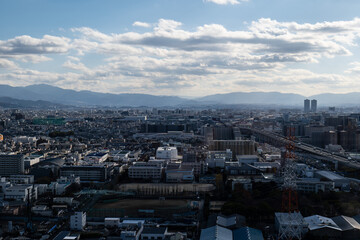 大阪、橋、城市、山、道路、風光、交通、青空、雲