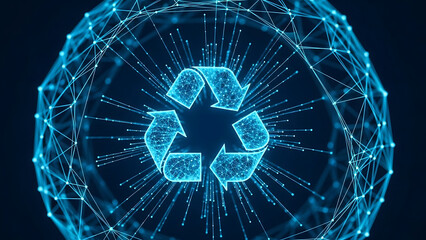 Blue glowing digital recycle symbol with futuristic network plexus background