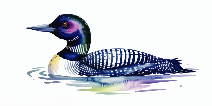 Colorful common loon watercolor illustration swimming in lake, artistic bird wildlife art on transparent background for nature design