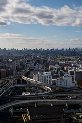 大阪、橋、城市、山、道路、風光、交通、青空、雲