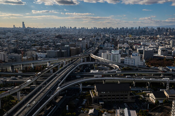 大阪、橋、城市、山、道路、風光、交通、青空、雲