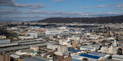 大阪、橋、城市、山、道路、風光、交通、青空、雲