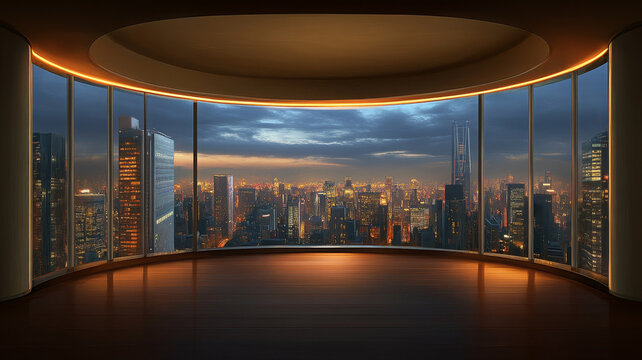 Futuristic city skyline, modern high rise, panoramic window, empty room, evening light