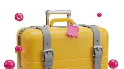 Yellow suitcase with pink tag and floating spheres