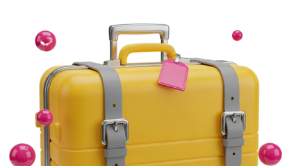 Yellow suitcase with pink tag and floating spheres