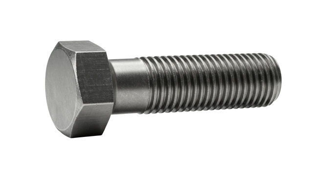 A heavy-duty hex head steel bolt with deep threading, isolated on a transparent background in a macro view. Concept of engineering excellence and industrial precision