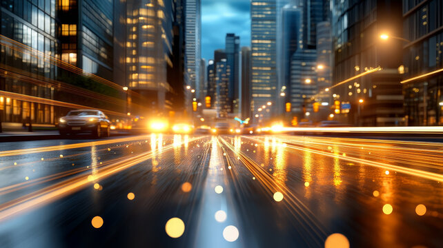 Nighttime cityscape with car headlights, illuminated street, urban buildings, glowing lights