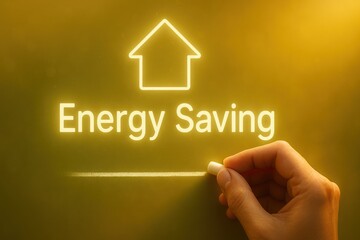Energy efficiency improvement optimization. Energy saving concept with hand drawing underline and house icon glowing on yellow background