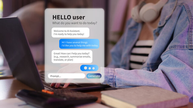 User typing prompt on laptop to interact with AI assistant using generative technology for help with research and planning artificial intelligence chatbot automation
