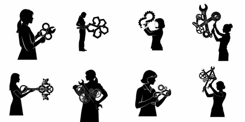 Black silhouettes of women interacting with mechanical gears and wrenches, symbolizing engineering, problem solving, innovation, and female technical expertise.