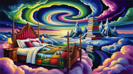 Surreal dream bedroom in colorful fantasy sky with swirling aurora, mountains and floating books, whimsical imaginative landscape art