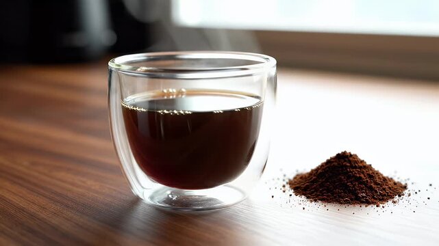Hot Coffee Steam Aroma Fresh Brewed Black Coffee Cup Double Wall Glass Morning Beverage Caffeine Lifestyle Food Drink Stock Video Footage