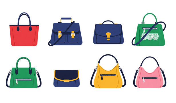Fashionable women handbags icon set with zippers pockets and shoulder straps flat vector isolated on transparent background