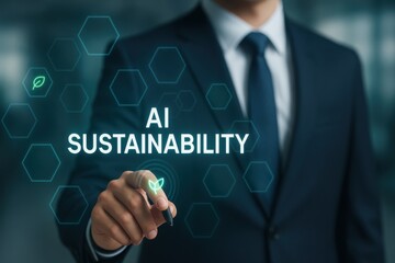 Energy efficiency improvement optimization. AI sustainability concept with businessman suit pointing digital leaf icon for eco friendly technology