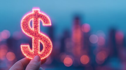 Fototapeta premium investing, vision, marketing, resource, progress, ambition, Illuminated Wealth: Hand Holding Glowing Dollar Sign in Futuristic Investment Landscape with Copy Space for Text