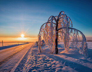 Winter landscape with a fence