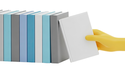 Yellow cartoon hand holding a blank book next to a stack of colorful books