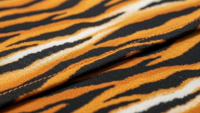 Close-up of vibrant tiger stripe fabric with bold black, orange, and white patterns in soft textured textile weave - Powered by Adobe
