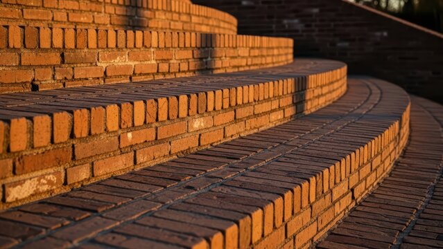 Curved brick staircase with warm light casting shadows on steps in outdoor setting at sunset - Powered by Adobe