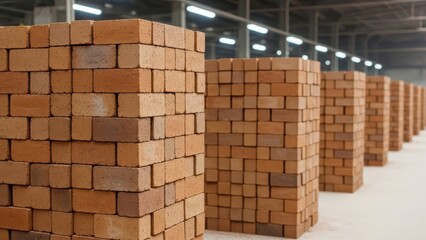Neatly stacked red bricks in warehouse interior with industrial lighting and concrete floor