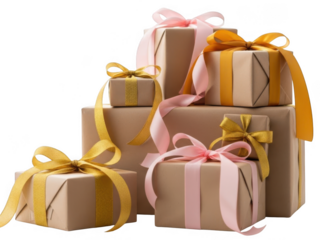 Stack of various sized gift boxes wrapped in plain brown paper with shiny gold and pink ribbon bows, isolated on transparent background