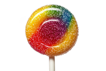 Vibrant rainbow lollipop with colorful swirls and sugar crystals isolated on transparent background