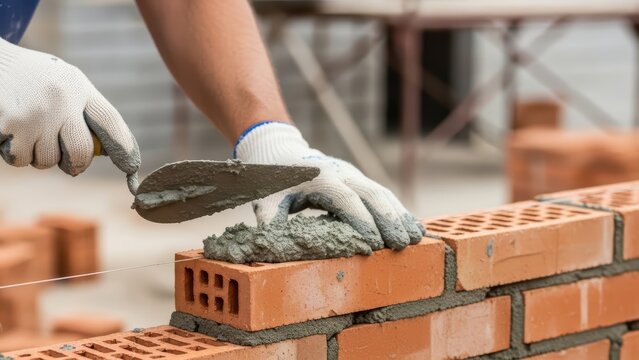 Male construction worker laying bricks with cement on wall using trowel and wearing gloves