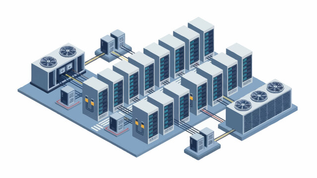 Isometric illustration of data center with servers and cooling systems.