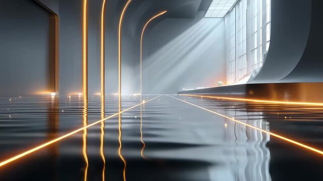 Black gold architectural space with light beams and ripples