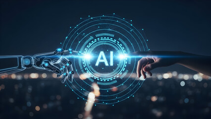 Human hand and robotic arm connecting through glowing AI interface