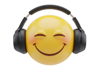 Yellow smiley face emoji wearing black headphones with a happy expression isolated on transparent background