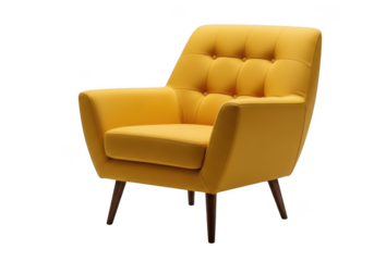 Modern yellow armchair with tufted back and wooden legs, comfortable and stylish, isolated on transparent background