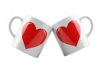 Two white coffee mugs with red hearts clinking together in a toast, symbolizing love and friendship, perfect for valentine's day or anniversary gifts isolated on transparent background