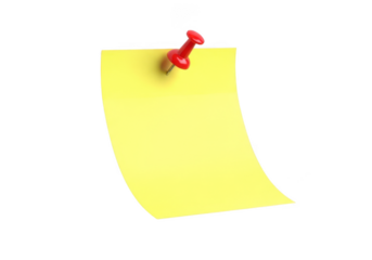A yellow sticky note pinned with a red push pin, ideal for reminders and notes, isolated on transparent background