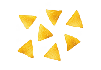 Seven triangular yellow corn chips arranged in a circular pattern isolated on transparent background