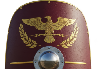 Ancient roman shield with golden eagle emblem and laurel wreath, symbolizing power and victory, isolated on transparent background