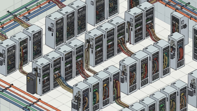 Data center server racks with colorful cables and wires.