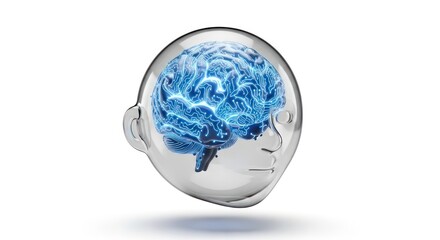 Digital brain inside a transparent head concept representing artificial intelligence and cognitive